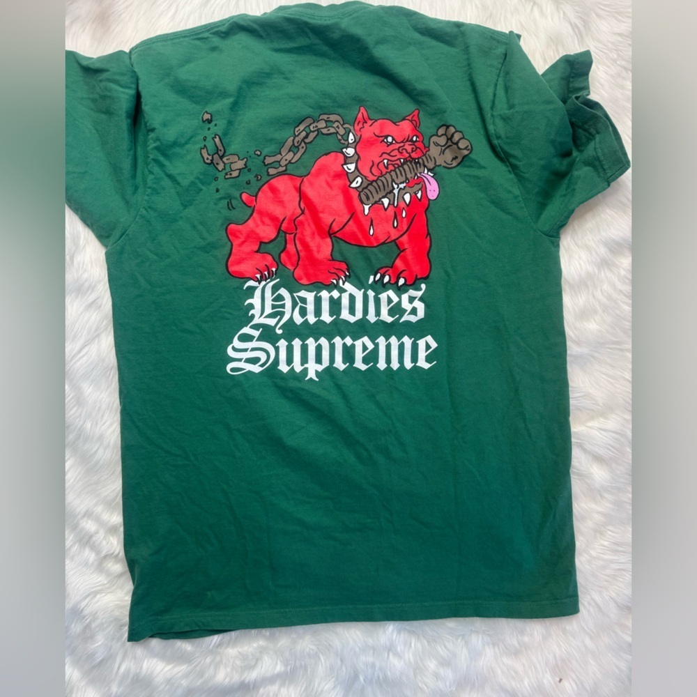 Supreme Green Tee with Red Bulldog and White Script